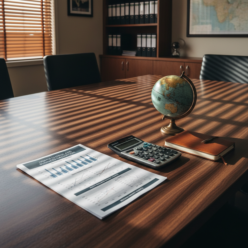 A large, dark wood office table with a subtle grain, centered in a quiet meeting room, holds a detailed printed business appraisal report with graphs, valuation ranges, and regional market insights for North Queensland. Beside it rests a high-quality calculator, a closed leather-bound notebook, and a small desktop globe tilted to show Australia. Warm, late-morning sunlight filters through horizontal blinds, creating soft stripes of light and shadow across the documents. Photographic realism from a three-quarter angle, with the appraisal report positioned according to the rule of thirds, emphasizes clarity and trust. The background remains softly blurred, hinting at built-in shelving with binders and a framed map, reinforcing a professional, analytical atmosphere.