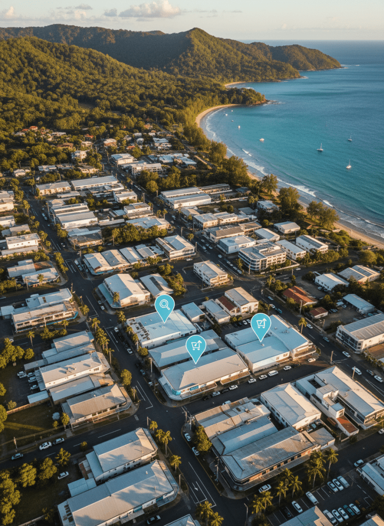 A high-resolution aerial view of a coastal North Queensland business district captured in photographic realism, showing neat rows of low-rise commercial buildings, small warehouses, and street-front shops, all nestled between a bright blue shoreline and lush green hills. Golden hour sunlight bathes the scene, casting warm tones on rooftops and creating long, gentle shadows that highlight the grid of streets. Several properties are subtly outlined with soft, translucent overlays suggesting active business listings, while small icon-like markers hint at potential buyers. The composition uses a wide, cinematic perspective with sharp focus throughout, creating a confident, expansive mood that reflects a strong regional market for buying and selling businesses.