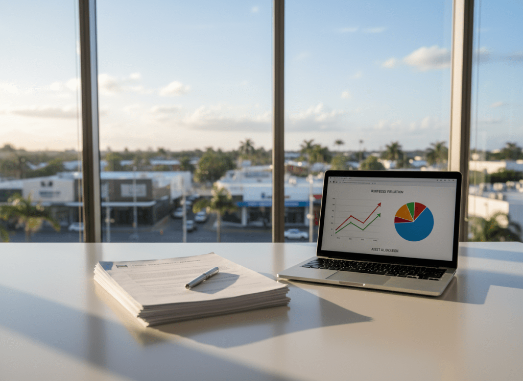 A polished white office desk in a modern North Queensland commercial space, topped with a neatly arranged stack of printed business sale documents, a silver pen, and a sleek open laptop displaying a stylized business valuation chart. Through large floor-to-ceiling windows in the background, a softly focused tropical cityscape with hints of palm trees and low-rise commercial buildings is visible. Late afternoon natural light floods the room, casting gentle, elongated shadows across the desk surface. Photographic realism with a clean, minimalist composition at eye level, using a shallow depth of field to keep the paperwork in crisp focus while the backdrop subtly blurs, creating a professional, confident atmosphere suited to business sales and appraisals.