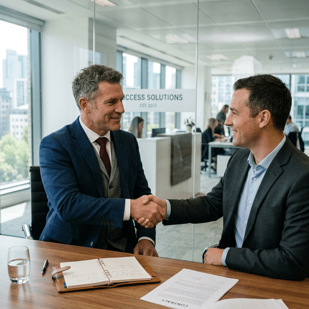 Two men in suits shaking hands across a desk with contract and notebook