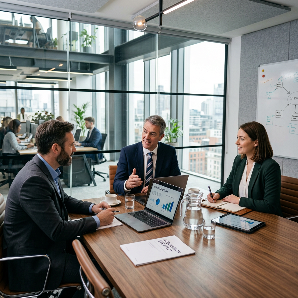 Three businesspeople discussing data and strategy in a glass-walled office