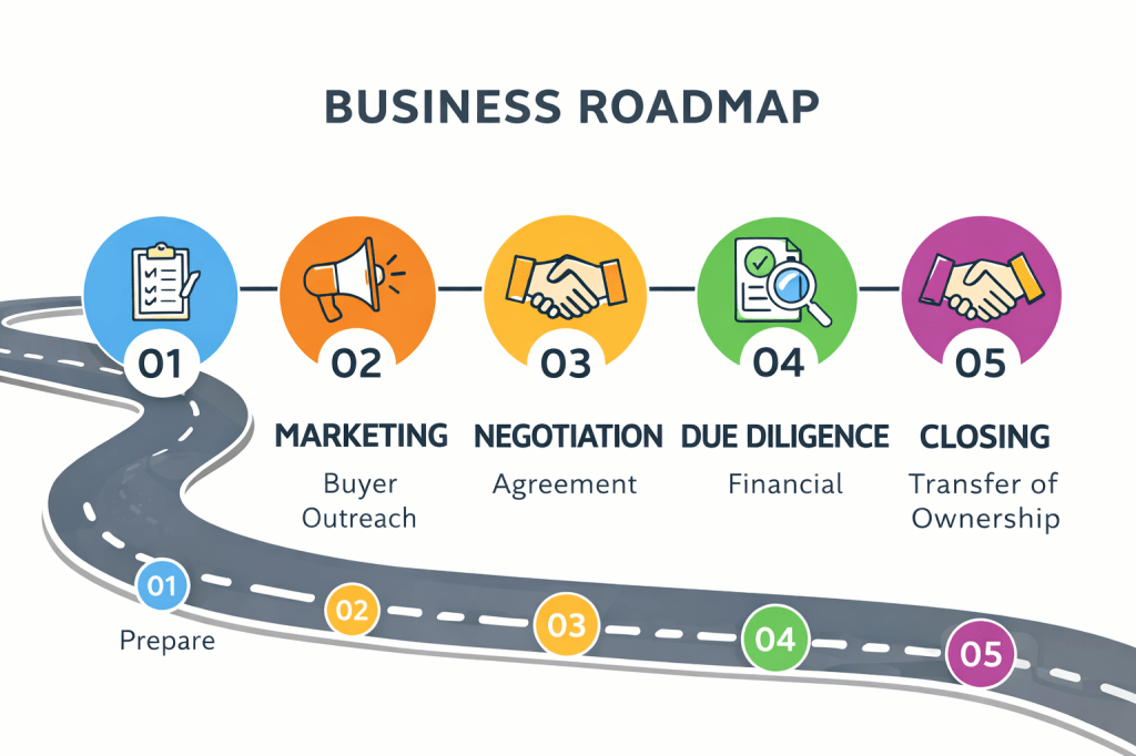 Business meeting with presentation on business sale process steps including preparation, marketing, negotiation, due diligence, and closing