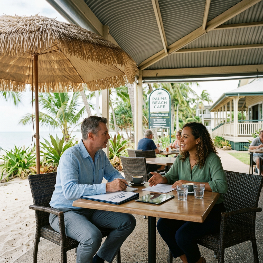 Two people talking at a table in a covered outdoor area near the beach