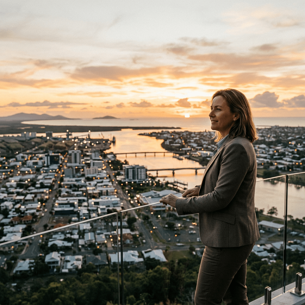 Woman standing on balcony overlooking city and river at sunset