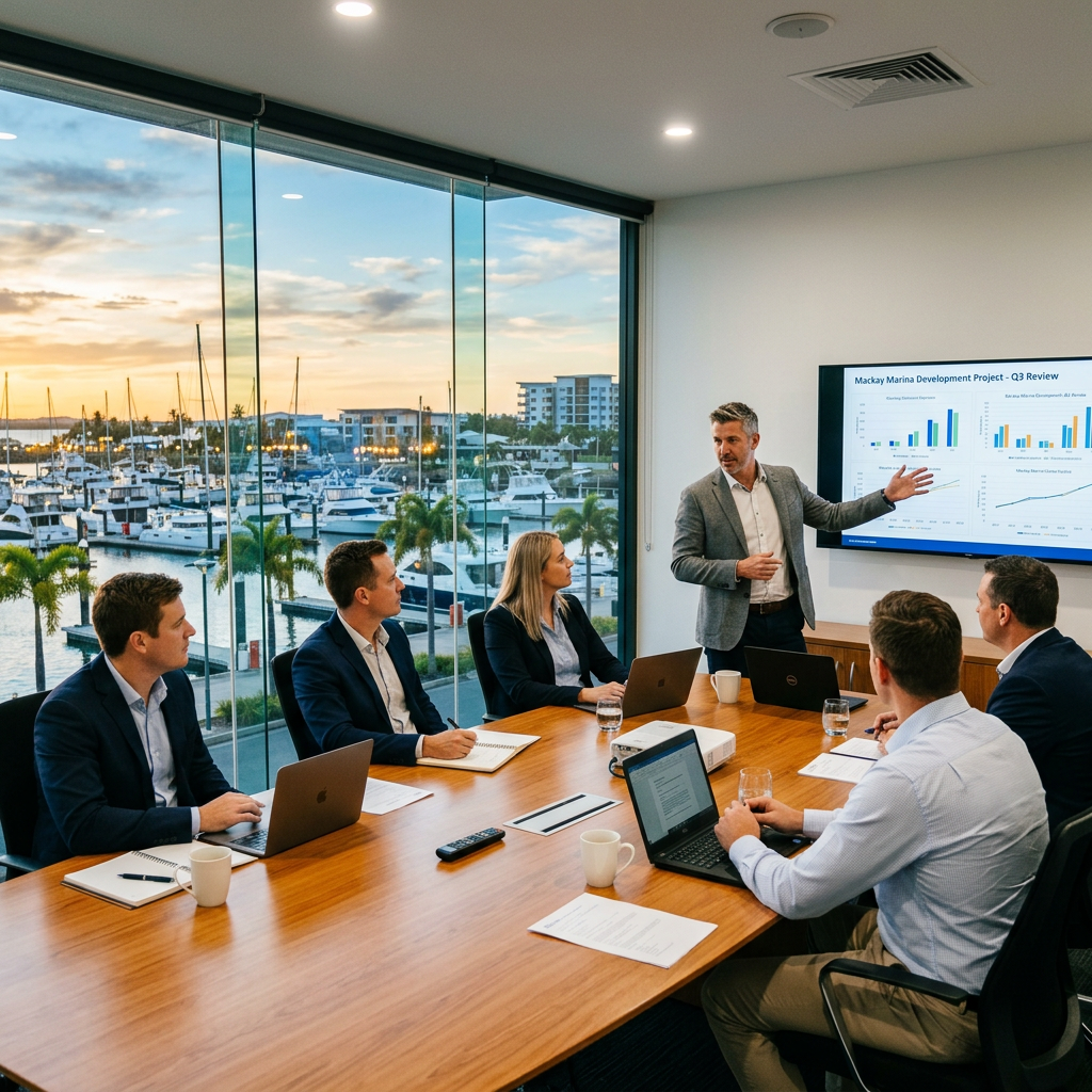 Group of business professionals in a meeting room presenting a project overview with charts and graphs on a screen