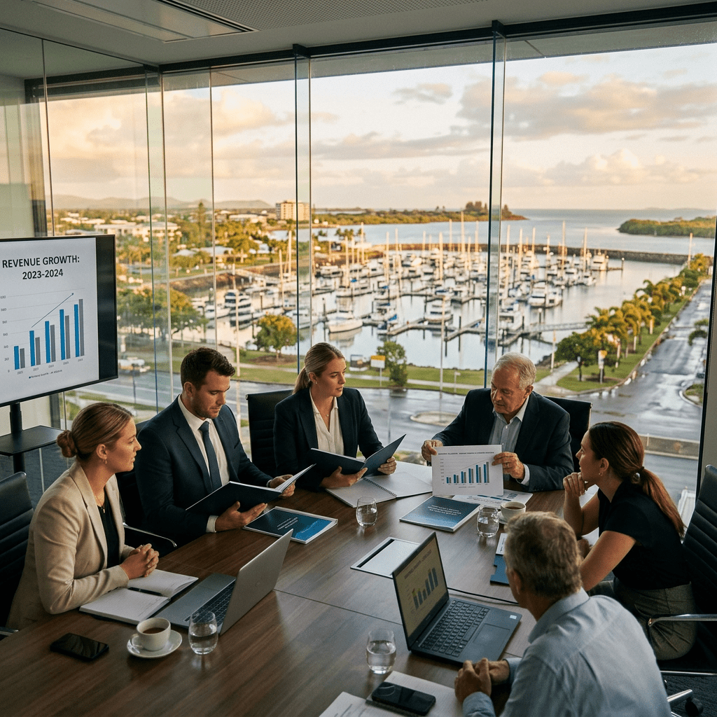 Six professionals in a boardroom reviewing revenue growth charts with marina in background