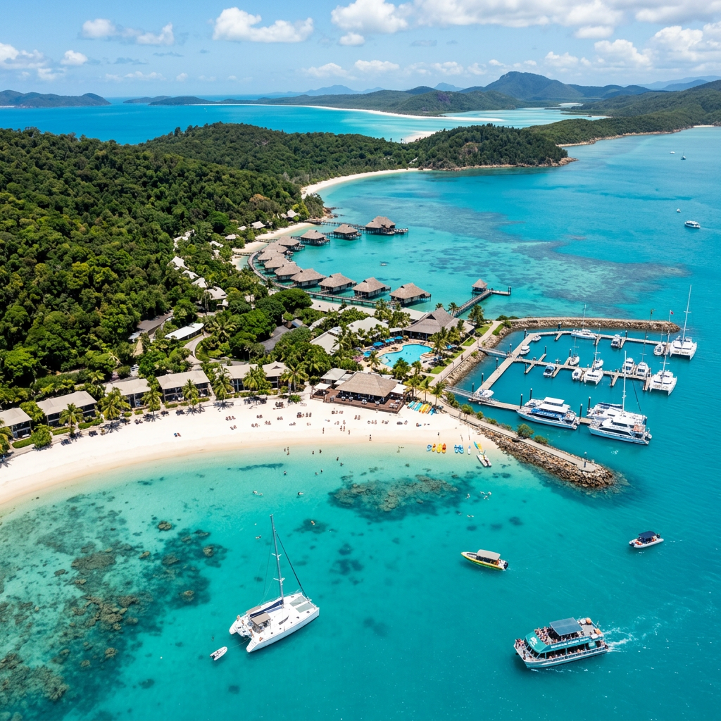 Tropical island resort with overwater bungalows, sandy beach, boats, and marina