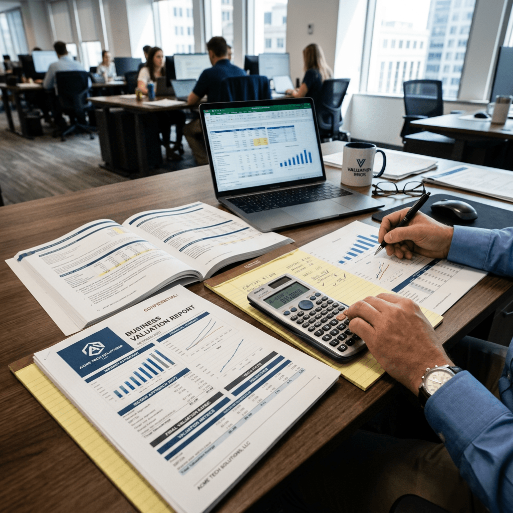 Hands using calculator and pen to analyze business valuation reports with charts and graphs on desk