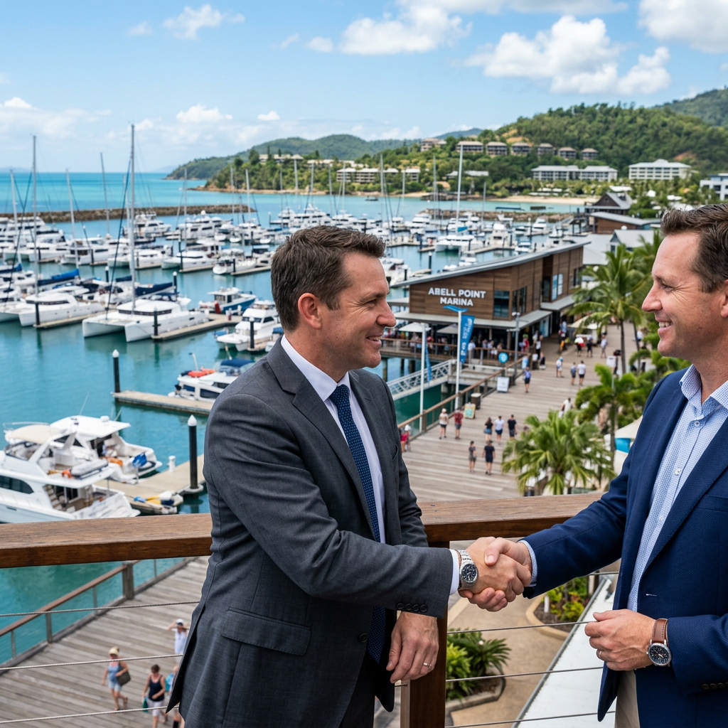Two businessmen shaking hands on a wooden pier at Abell Point Marina with boats and people in the background
