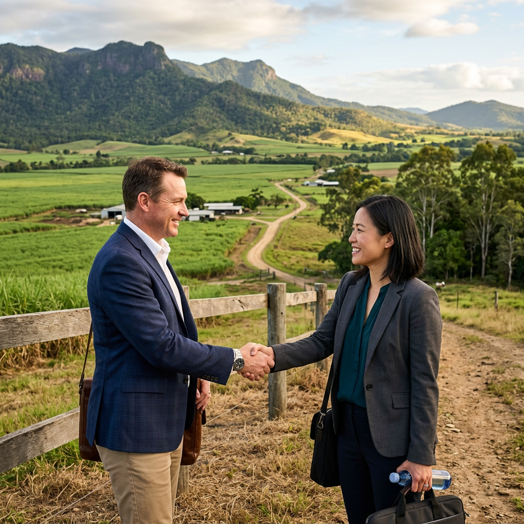 Man and woman shaking hands on a dirt path with farmland and mountains in background