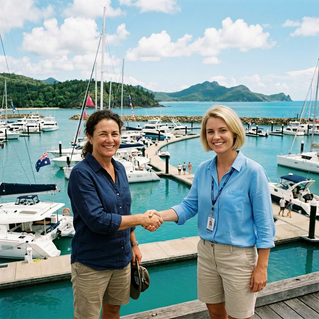 Two men shaking hands on a marina dock with yachts and mountains in background