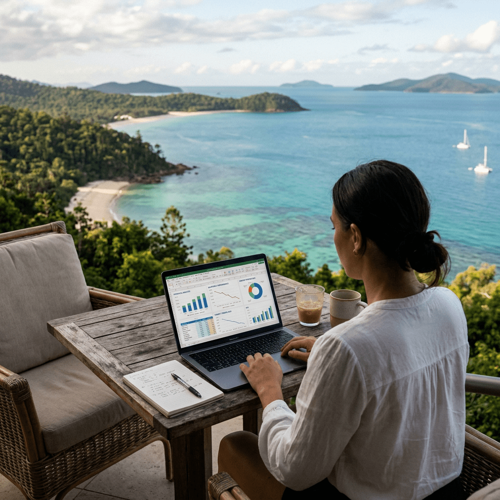 Person using laptop with financial charts on screen at outdoor table near ocean