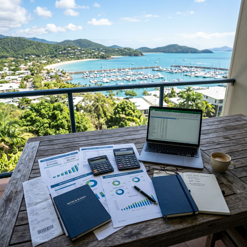 Laptop, calculators, financial charts, notebooks, and a coffee cup on a wooden table with ocean marina view