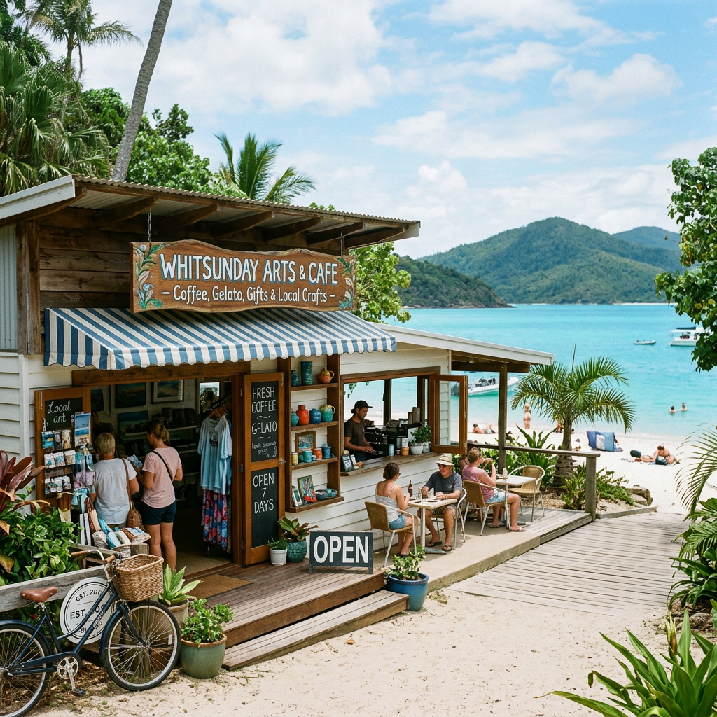 Small beachside cafe offering coffee, gelato, crafts, with tables and ocean view