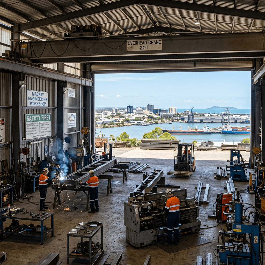 Engineering workshop with workers welding and operating machinery, harbor and city in background