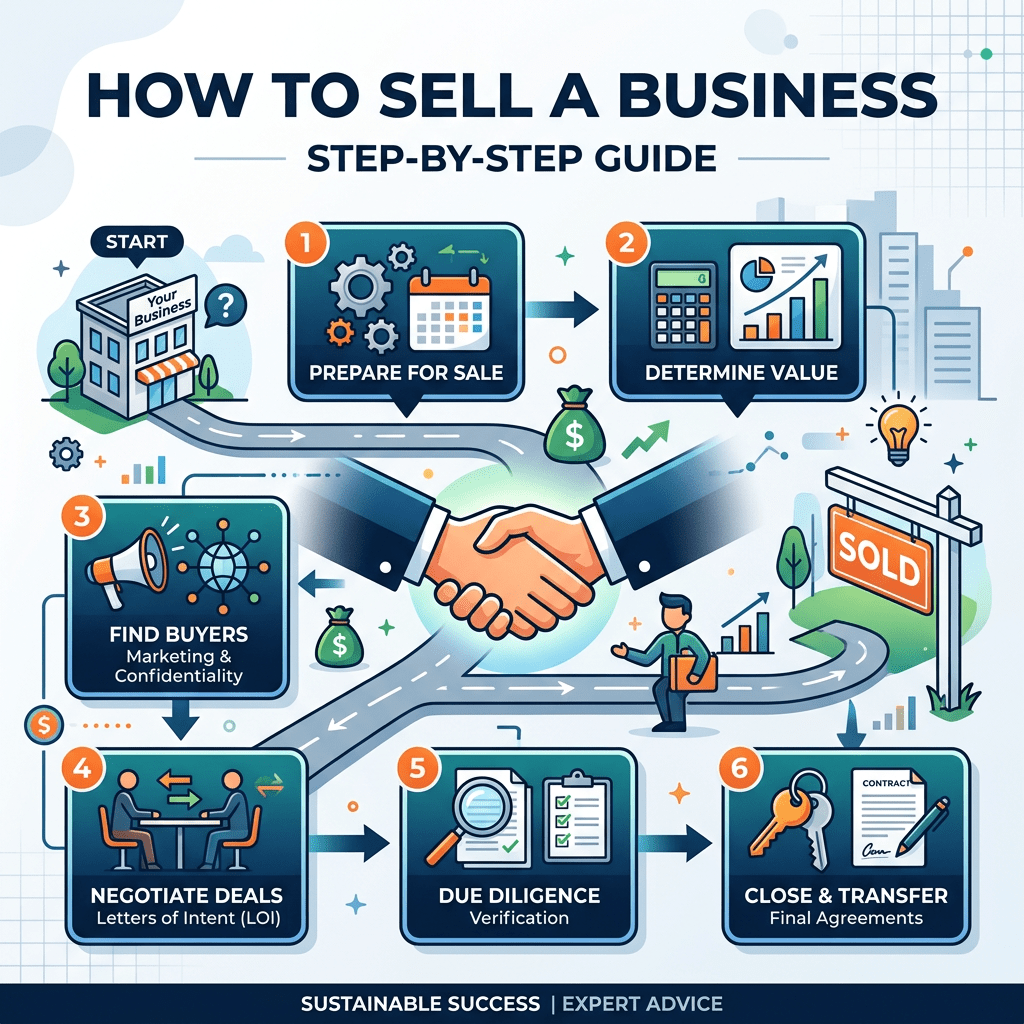 Step-by-step guide to selling a business with six stages: prepare for sale, determine value, find buyers, negotiate deals, due diligence, close and transfer.