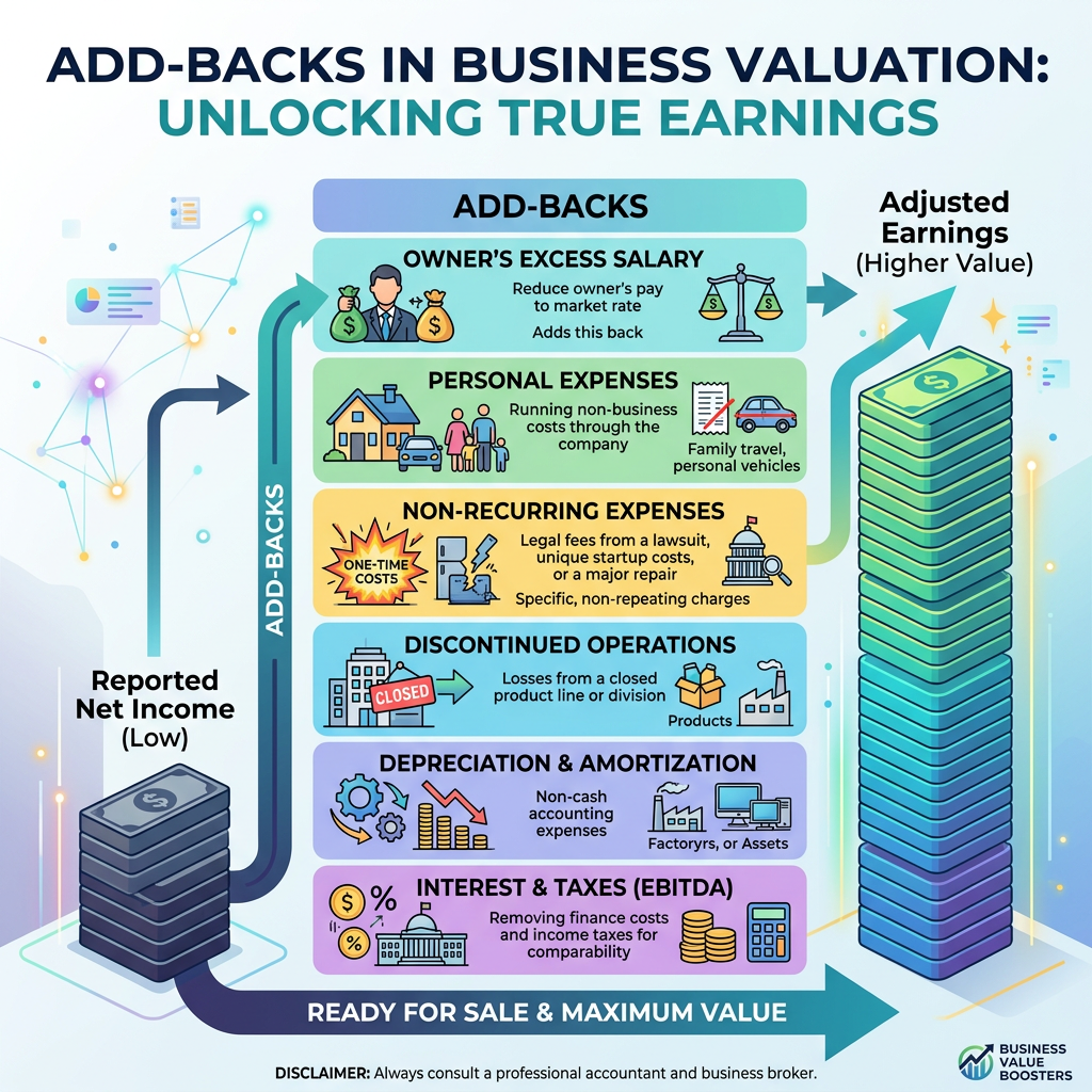 Chart explaining add-backs like owner's salary, personal and non-recurring expenses in business valuation
