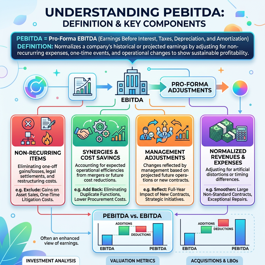 Infographic defining PEBITDA and its components including non-recurring items, synergies, management adjustments, and normalized revenues.