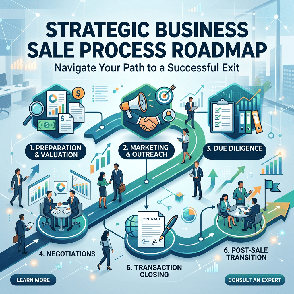 Business sale process roadmap showing preparation, marketing, due diligence, negotiations, closing, and transition steps