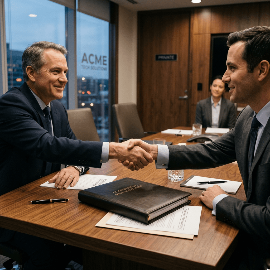 Two businessmen shaking hands over a contract in a conference room