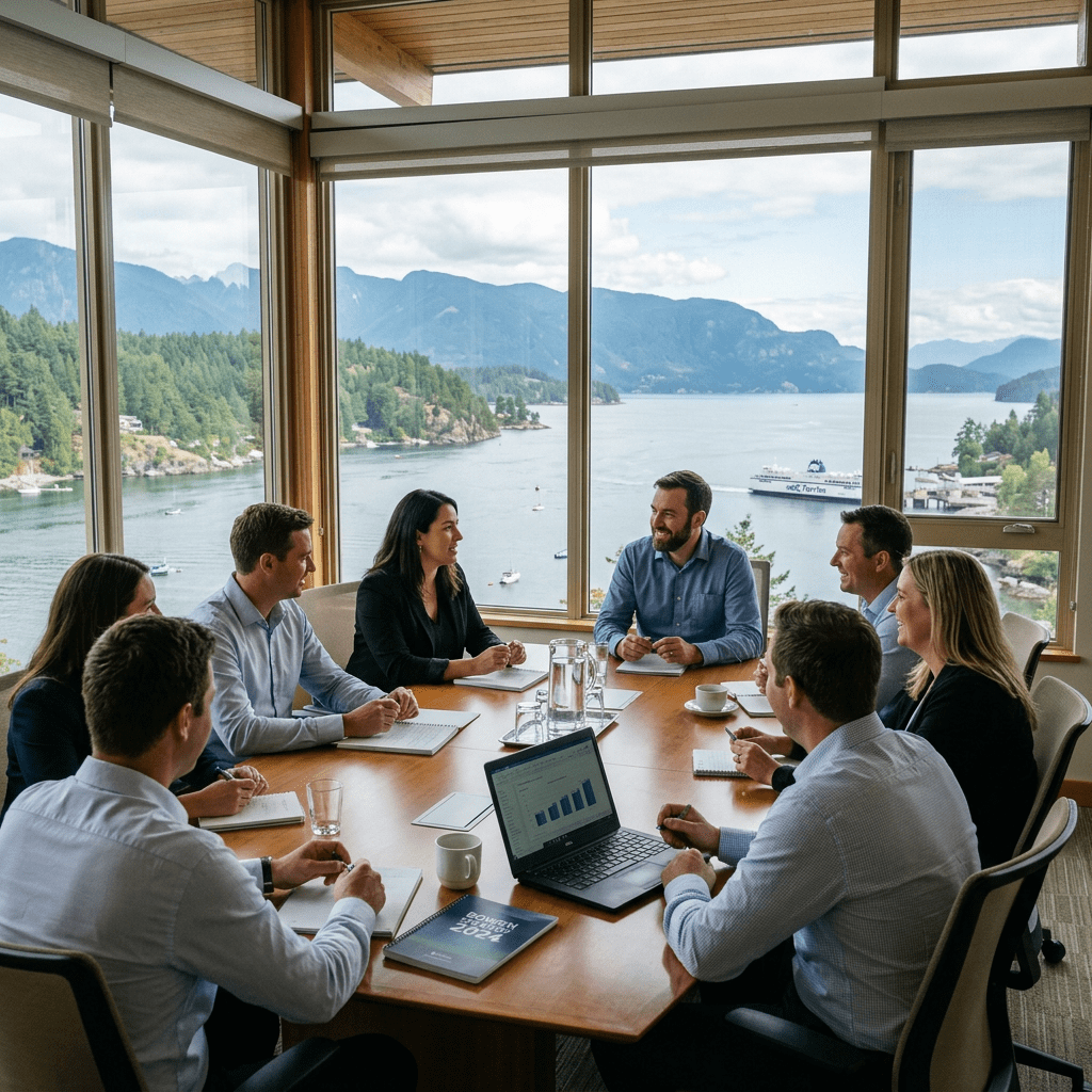 Eight business people seated around a conference table having a meeting with a lake and mountains visible through large windows