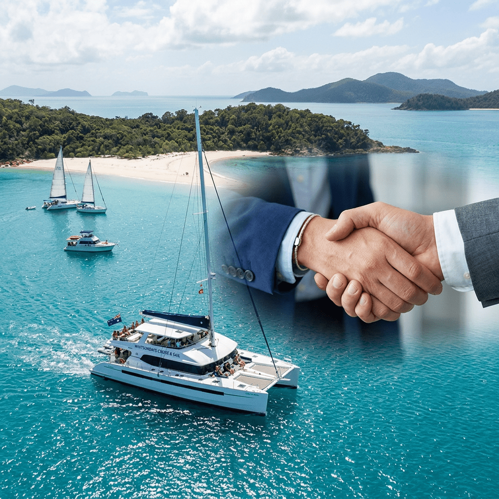 Handshake overlaid on sailing yachts cruising near a green island with clear blue water
