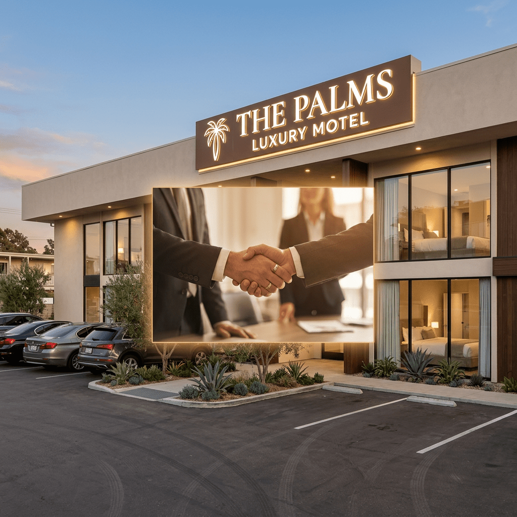 Exterior of The Palms Luxury Motel with parked cars and inset of two people shaking hands.