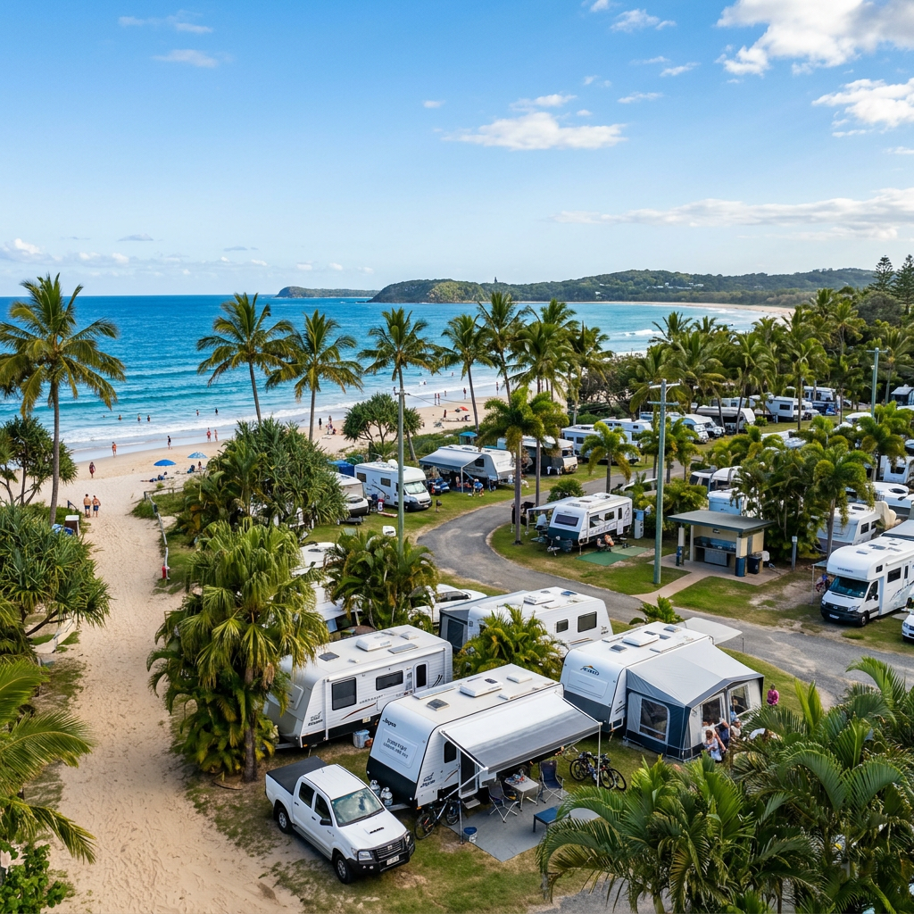 Caravans and camper vans parked near a sandy beach with palm trees and ocean in the background