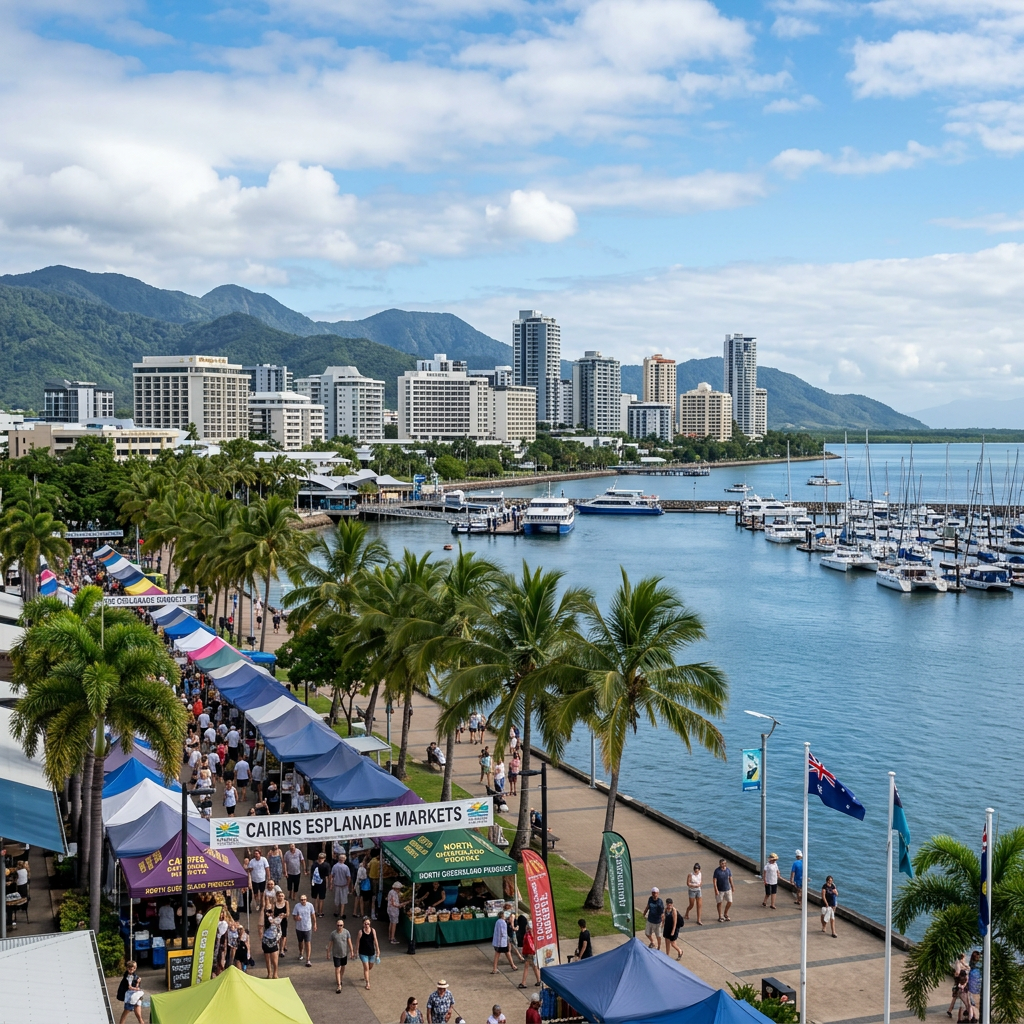 Crowded Cairns Esplanade Markets with tents, waterfront, boats, palm trees, and city skyline