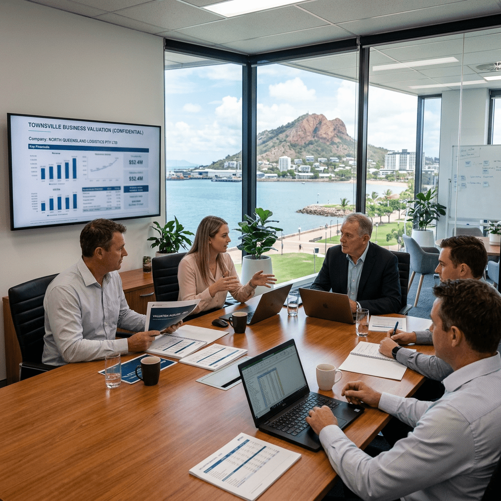 Five businesspeople sitting around a table in a conference room with laptops and documents, discussing financial charts displayed on a screen, with large windows showing a harbor and mountain outside.