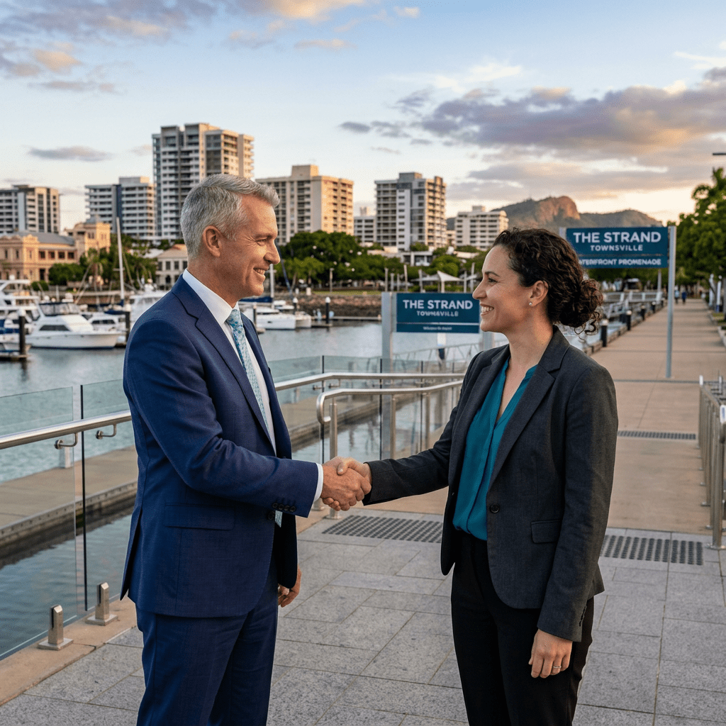 Man and woman shaking hands at The Strand Townsville waterfront promenade with city buildings and boats in the background